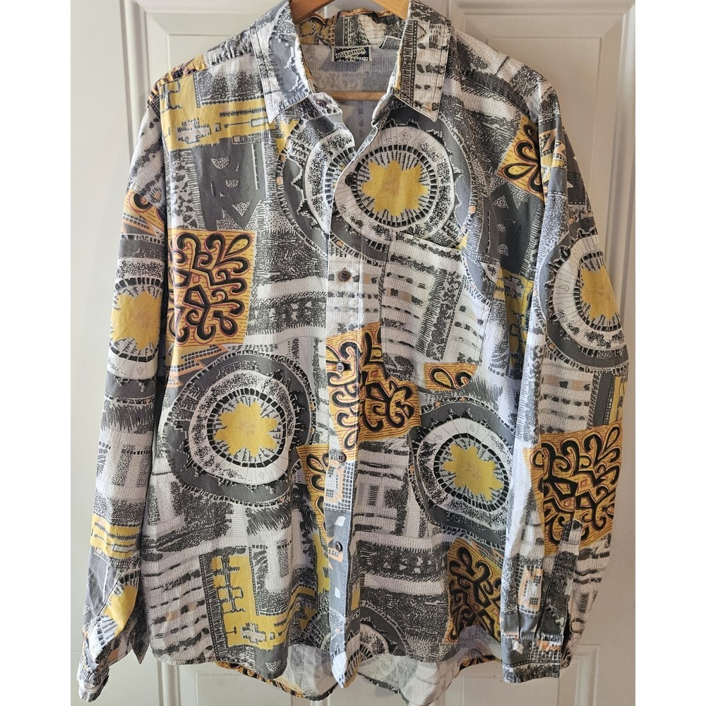 Vintage Gitano Abstract Button Up Shirt Men's XL 90s Retro Graphic Cotton‎